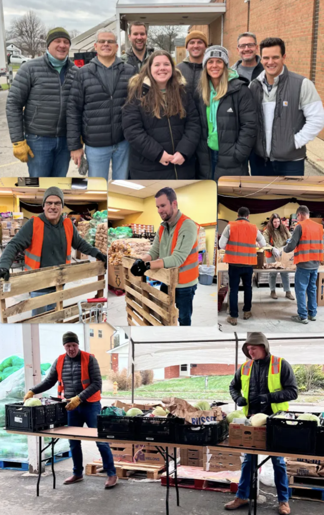 Collage of photos of people volunteering at a food bank